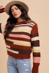 Annie Wear Chic Color Block Round Neck Long Sleeve Sweater