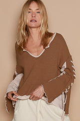 Trendy POL Lace-Up Sleeve Color Block Ribbed Knit Top for Women