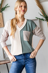 Trendy Heimish Color Block Exposed Seam Ribbed T-Shirt for Women