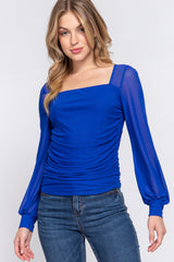 Elegant Square Neck Mesh Long Sleeve Shirring Top - ACTIVE BASIC