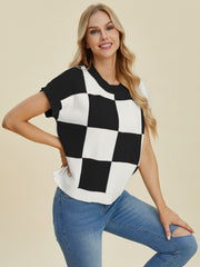 Stylish Checkered Round Neck Short Sleeve Sweater - Double Take Collection