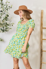 Floral Smocked Scoop Neck Flounce Sleeve Mini Dress - Trendy Summer Fashion