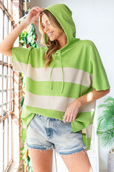 Trendy Color Block Short Sleeve Hooded Top - Casual & Sporty Style