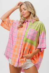 BiBi Women's Plaid Collared Half Sleeve Cotton Shirt - Classic Style