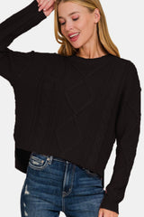 Zenana Women's Cropped High Low Cable Knit Sweater with Stylish Side Slits