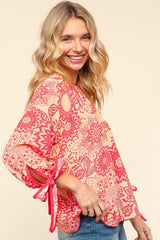Elegant Floral Blouse with Ribbon Bow Detail and Round Neck | Haptics