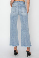 RISEN High Rise Cropped Wide Leg Jeans with Frayed Hem - Trendy & Comfortable Denim