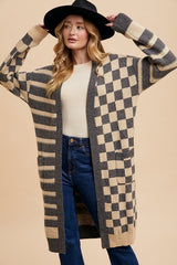 Annie Wear Women's Checkered & Striped Open Front Cardigan with Long Sleeves