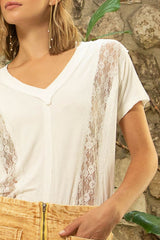 Women's V-Neck Lace Detail Short Sleeve T-Shirt by POL - Stylish & Comfortable