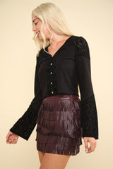 Elegant V-Neck Lace Detail Ribbed Crop Top with Bell Sleeves by VERY J