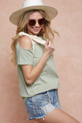 BiBi Women's One Shoulder Tied Ribbon Short Sleeve T-Shirt - Trendy & Feminine
