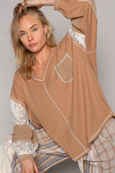 POL Elegant V-Neck Lace Balloon Sleeve Blouse with Exposed Seams