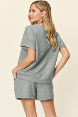 Trendy Full-Size Textured T-Shirt & Shorts Set with Pockets - 2-Piece, Stretchy