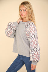 Women's Fashionable VERY J Printed Knit Top - Long Sleeve, Round Neck