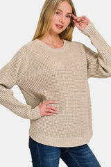 Zenana Women's High Low Long Sleeve Waffle Knit Sweater - Cozy Chic Fashion