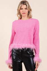 Mittoshop Feather Trim Long Sleeve Crop Hacci Knit Top - Chic & Cozy Midweight Knitwear