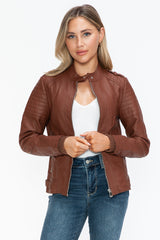 Snobbish Women's PU Leather Biker Jacket with Side Zip Pockets - Edgy Fashion Staple