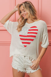 BiBi Women's Striped Heart Contrast Knit Top - Cute & Cozy Pullover