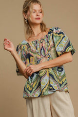 Umgee Women's Full Size Abstract Print Smocked Blouse with Square Neck & Puff Sleeves - Vibrant Style & Comfort