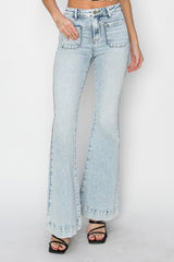 Trendy Full Size High Rise Flare Jeans with Stylish Front Patch Pockets
