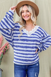 Chic Striped Lace Detail V-Neck Top - Elegant Women's Fashion