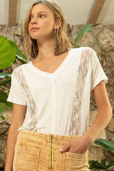 Women's V-Neck Lace Detail Short Sleeve T-Shirt by POL - Stylish & Comfortable