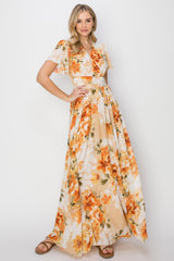 HYFVE Elegant Floral Tie Back Maxi Dress with Slit & Short Sleeves