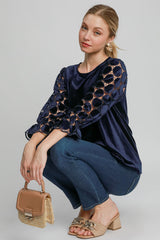 Umgee Women's Polka Dot Lace Blouse - Long Sleeve, Round Neck