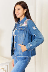 Trendy Leopard Floral Distressed Raw Hem Denim Jacket for Women