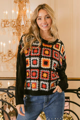 BiBi Retro Granny Square Crochet Long Sleeve Sweater Top