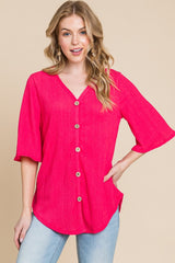 BOMBOM Elegant Texture Button V-Neck Top - Chic & Versatile Style