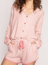 Stylish Striped Lounge Set - Collared Long Sleeve Top & Shorts