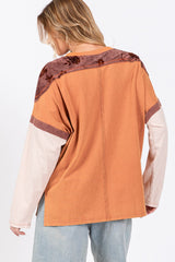 SAGE + FIG Star Patch Long Sleeve Color Block T-Shirt - Trendy Oversized Cotton Tee