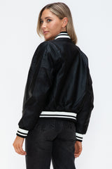 Love Me Now PU Leather Snap Down Bomber Jacket - Trendy, Edgy, and Sporty Style