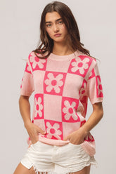 BiBi Flower Checker Pattern Short Sleeve Sweater - Chic & Stylish