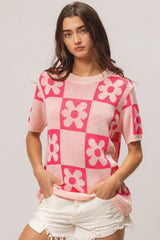BiBi Flower Checker Pattern Short Sleeve Sweater - Chic & Stylish