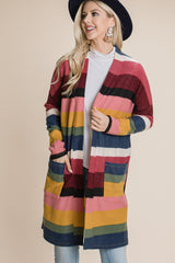 BOMBOM Women's Color Block Striped Cardigan - Open Front Design