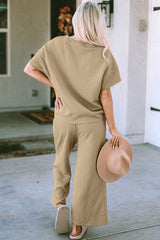 Double Take Full Size Textured Short Sleeve Top and Pants Set with Drawstring