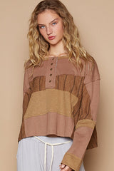 POL Women's Color Block Drop Shoulder Knit Top - Stylish Half Button Design