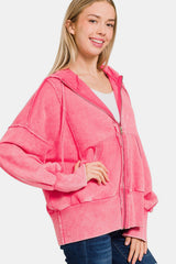 Zenana Women's Acid Washed French Terry Zip-Up Hoodie with Pockets and Adjustable Drawstring