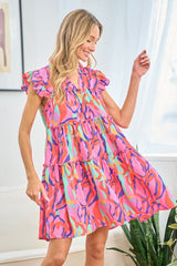 First Love Full Size Ruffle Cap Sleeve Tiered Dress - Chic Printed Design