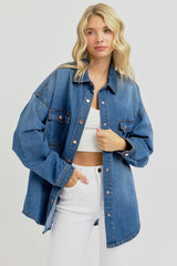 RISEN Women's Full Size Snap Down Long Sleeve Denim Shacket - Casual Layering Jacket