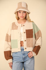 Color Block Button Down Textured Sweater Cardigan - Trendy & Vibrant Layering Piece