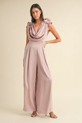 MABLE 3D Floral Applique Satin Jumpsuit with Deep Cowl Neck
