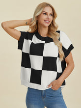 Stylish Checkered Round Neck Short Sleeve Sweater - Double Take Collection