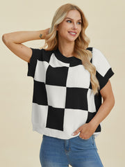 Stylish Checkered Round Neck Short Sleeve Sweater - Double Take Collection