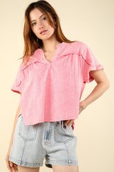 VERY J Women's Notched Short Sleeve Washed Knit T-Shirt - Casual and Trendy
