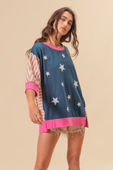 Patriotic US Flag Color Block T-Shirt with Star Patches - BiBi