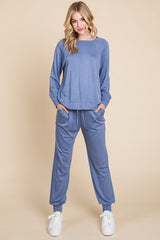 Women's Stylish Raglan Sleeve Lounge Set - Comfortable Round Neck Top & Pants