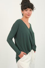 HYFVE Draped Drop Shoulder Long Sleeve Top - Elegant Surplice Design for Versatile Styling